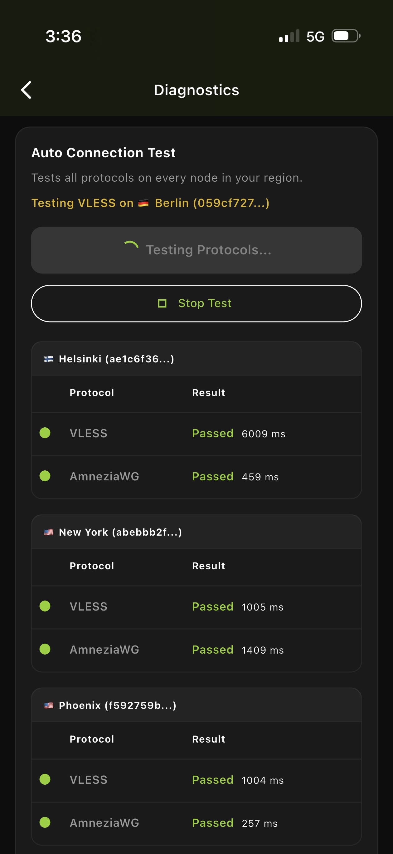 BratVPN connection test screen